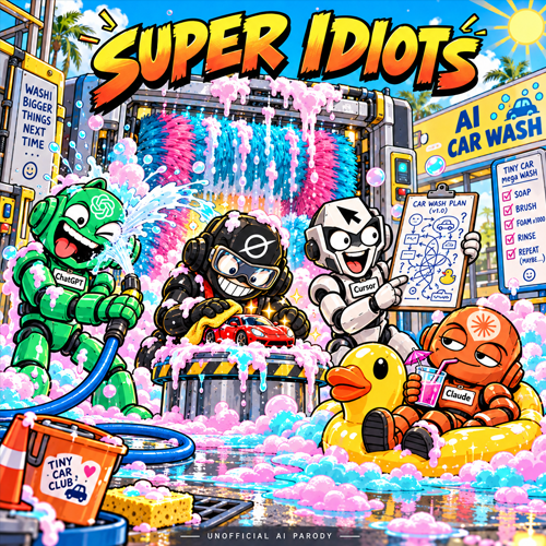 The Super Idiots running a toy car through an industrial car wash