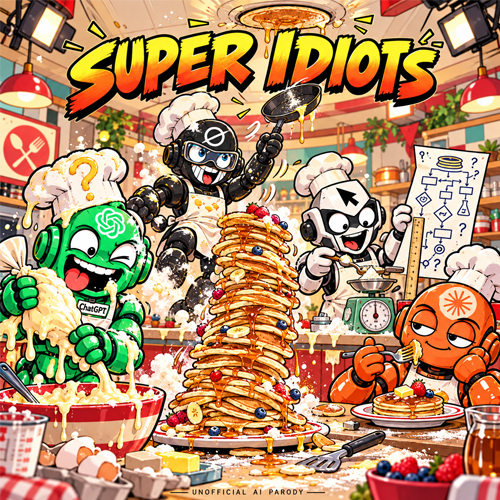 The Super Idiots building an enormous stack of pancakes